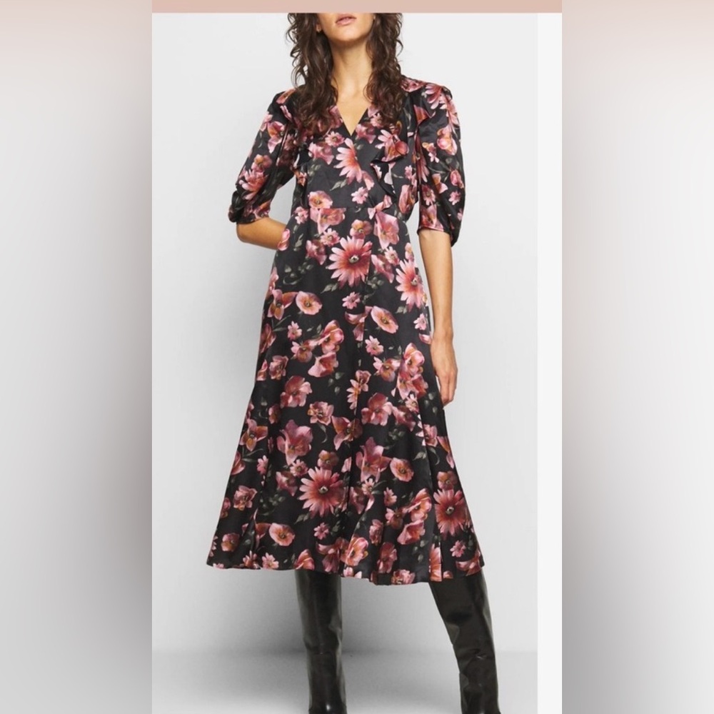 The Kooples Pastel Daisy on Satin Midi Wrap Dress- Size Medium US/ Size 2 EU